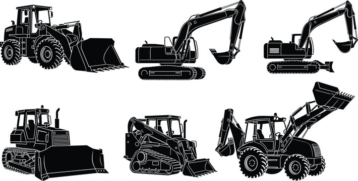 Black Silhouette Set of Construction Machinery Including Excavator Bulldozer Wheel Loader Backhoe and Skid Steer Isolated on White Background Vector