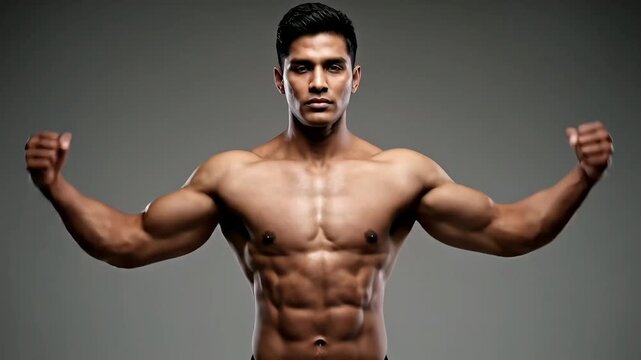 Muscular fitness male displaying strong skin and impressive physique during a powerful studio pose, showcasing dedication to bodybuilding and health achievements