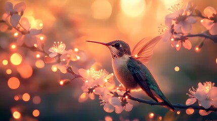 Naklejka premium A small hummingbird surrounded by glowing fairy-like blossoms 