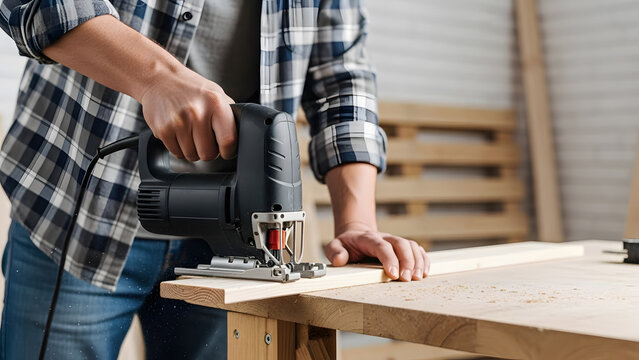 Carpenter cutting wood plank with electric jigsaw power tool | Close-up of woodworking professional using handheld saw for DIY projects | Man in plaid shirt working on construction bench in workshop 