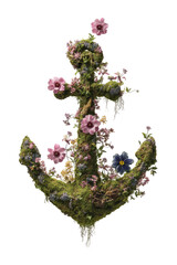 Floral anchor, moss-covered & blooming, isolated on a black background