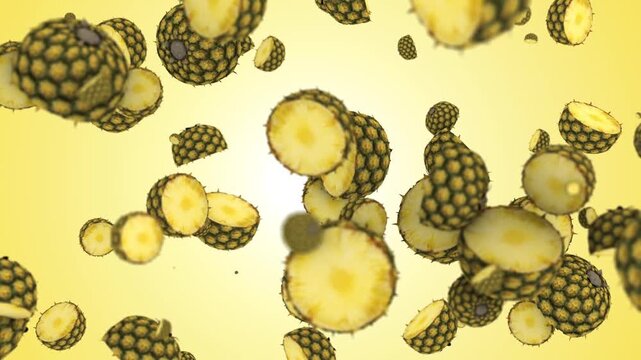 Pineapples and pineapple slices floating in mid-air on yellow background