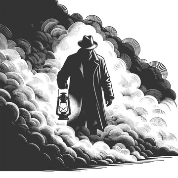 trench-coated man walking through dense fog, holding a lantern that casts both black and white light sketch engraving generative ai vector illustration. Scratch board imitation. Black and white image.