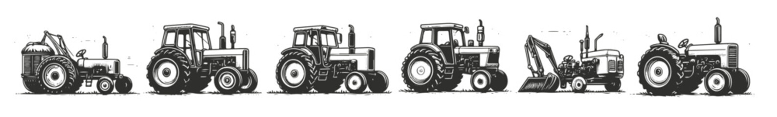 Obraz premium vintage hand drawn tractors collection