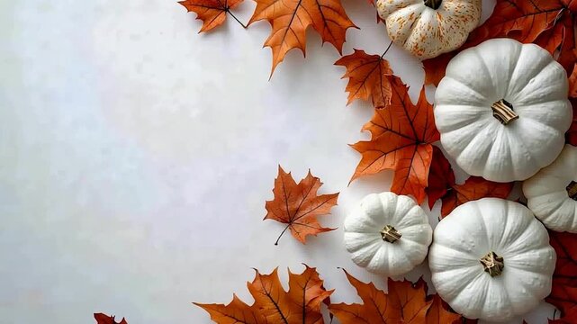 decorative white pumpkins and dry maple leaves with empty white background for text video