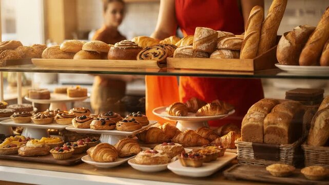 Medium shot of a bakery display case filled with fresh pastries and breads glass reflecting warm morning light counter blurred with customers in soft focus.