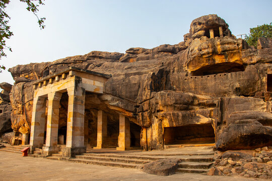 Ancient twin Jain cave complexes near Bhubaneswar, Udaygiri and Khandagiri feature rock cut monasteries, inscriptions, hilltop views, and historical religious significance, Odisha.
