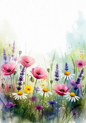 Watercolor floral medley with poppies and lavender for spring designs
