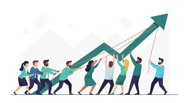 Diverse team collaborates to pull an upward trending graph, symbolizing growth and shared success.