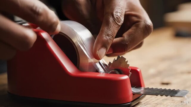 Sticky tape being pulled and cut. A close-up view of clear sticky tape being pulled taut and cut cleanly, highlighting tension and precision.