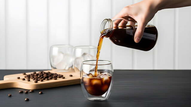 Pouring cold brew concentrate over ice in double-walled glass | Homemade refreshing iced coffee preparation close-up | Dark liquid stream making splash in clear glass | Stock photo of coffee beans 
