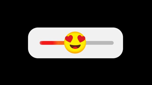 Animated social media love face emoji slider sticker. Instagram stories interaction sticker. Reaction moves from left to maximum right. Voting and feedback interface overlay showing 100% approval