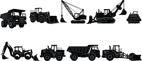 Heavy Construction Machinery Silhouettes Set Featuring Excavator Bulldozer Dump Truck Crane and Loader Icons for Industrial Building and Engineering Design © Hafiza
