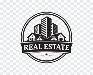Black and White Real Estate Logo with City Buildings and Houses, Vintage Real Estate Badge Logo, Property and Construction Symbol, Real Estate Agency Logo with Skyline and Residential Houses