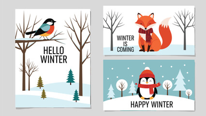 Set of three charming winter-themed greeting cards featuring a robin, a fox, and a penguin, with "Hello Winter" and "Happy Winter" messages.