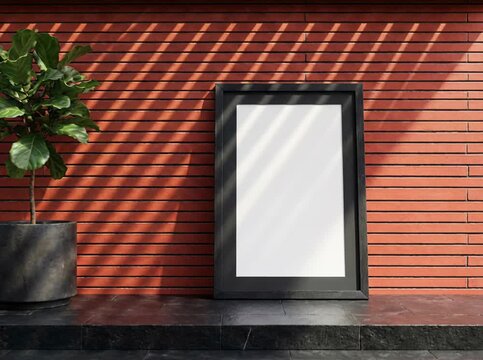 Modern Poster Frame Mockup on Red Wall. Blank Vertical Picture Frame in Minimalist Interior with Sunlight Shadows. Professional Art Display Mockup with Potted Fiddle Leaf Fig.