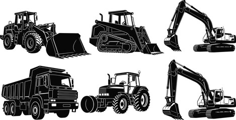 Heavy Construction Machinery Vector Set Featuring Excavators Dump Truck Wheel Loader Bulldozer and Industrial Equipment Silhouettes for Civil Engineering Site Design © Hafiza