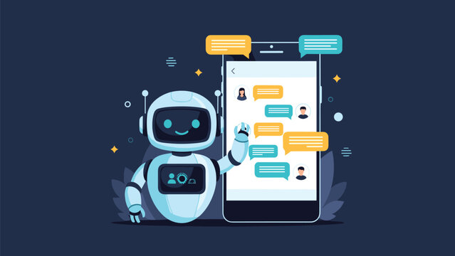 Friendly AI chatbot robot interacting with a mobile phone showing chat messages, illustrating modern communication and customer service.