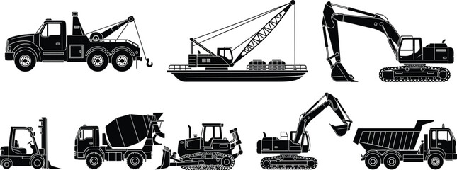Set of construction heavy equipment machinery vector icons including excavator crane tow truck cement mixer bulldozer forklift and dump truck © Hafiza
