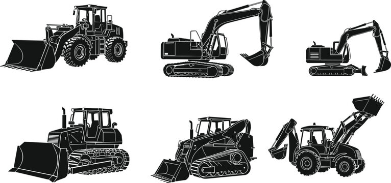 Set of heavy construction machinery silhouettes including excavator bulldozer loader backhoe and skid steer icons for industrial earthmoving equipment vector (