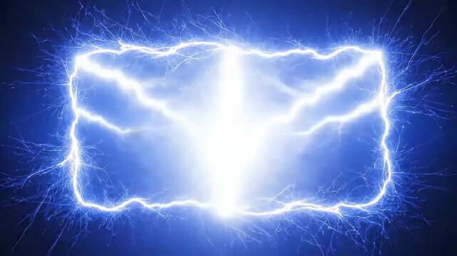 Electric blue rectangle frame with lightning bolts on a dark background.