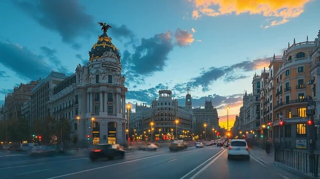 gran via street in madrid at sunset timelapse video