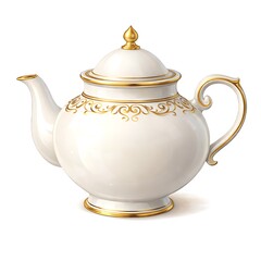 Elegant White Porcelain Teapot with Gold Ornate Design Isolated