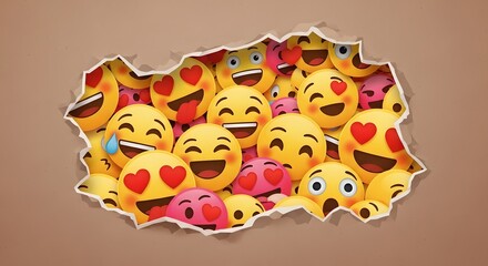 Colorful collection of emoji faces arranged in a torn paper shape