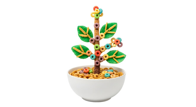 A colorful beaded plant in a white bowl on transparent background