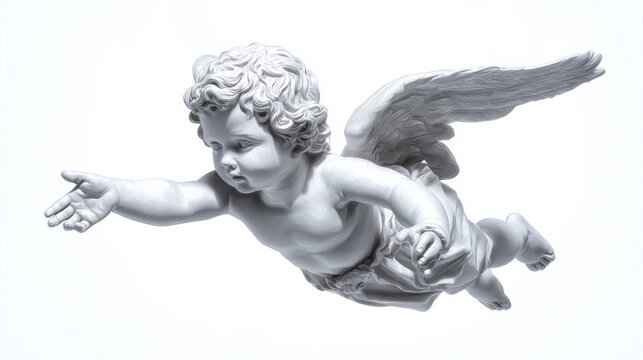 A white angel statue with wings is flying in the air
