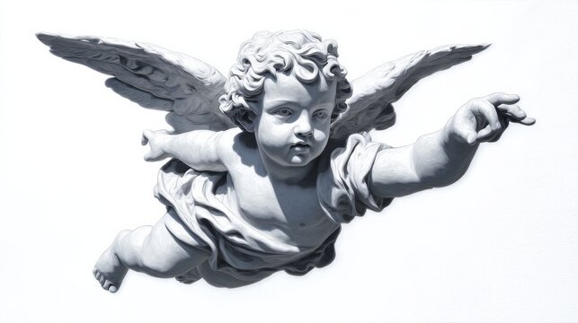A white angel statue with wings is flying in the air