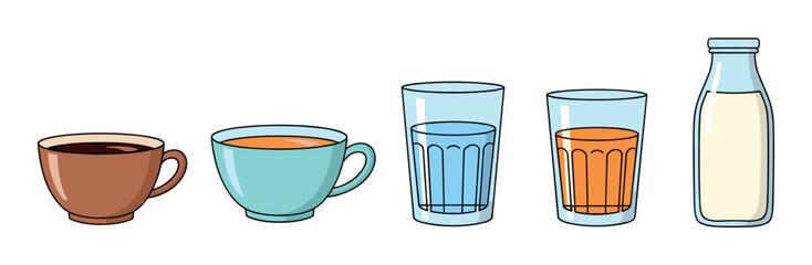 Various refreshing beverages in different containers are lined up, showcasing a diverse selection of liquids for hydration and enjoyment.