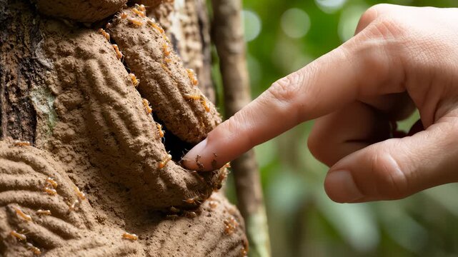 Termite Mound Being Touched by a Person's Finger in a Tropical Forest