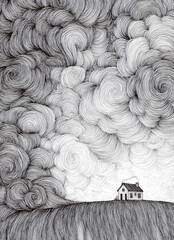 A solitary house stands on a hill beneath a vast, turbulent sky of swirling, monochromatic clouds