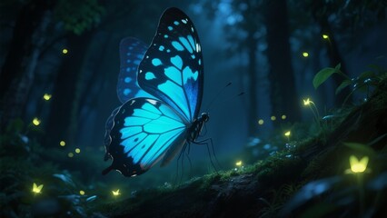 Dreamy and Aesthetic Photography of Luminous Butterflies in the Summer Night Forest: Luminous butterflies with fluorescent blue斑纹 wings flutter in the summer night forest with hazy light and shadow. F