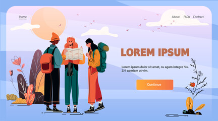 Travelers group outdoor adventure map reading hiking landscape abstract nature background website landing page