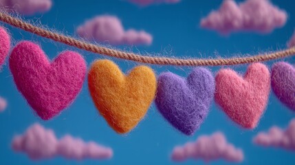 Colorful handmade felt hearts hanging on rope against blue sky