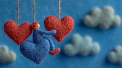 Handmade felt figure holding red hearts on strings against blue sky background