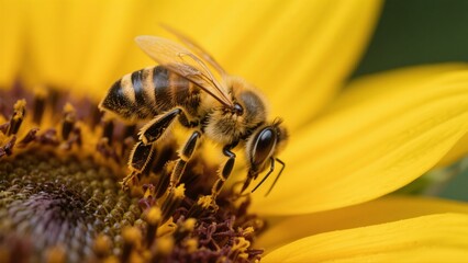 Macro photography of bees collecting nectar from golden sunflowers: A macro lens captures in high definition the vivid moment when a bee perches on a sunflower disk to gather nectar. The fine hairs on