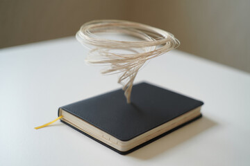 Creative notebook with swirling paper tornado on white table
