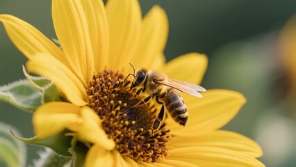 Macro photography of bees collecting nectar from golden sunflowers: A macro lens captures in high definition the vivid moment when a bee perches on a sunflower disk to gather nectar. The fine hairs on
