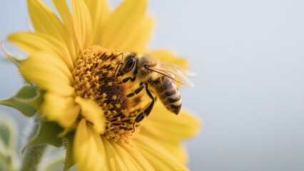 Macro photography of bees collecting nectar from golden sunflowers: A macro lens captures in high definition the vivid moment when a bee perches on a sunflower disk to gather nectar. The fine hairs on