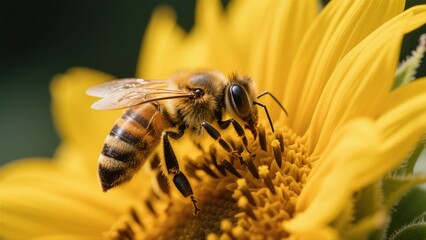 Macro photography of bees collecting nectar from golden sunflowers: A macro lens captures in high definition the vivid moment when a bee perches on a sunflower disk to gather nectar. The fine hairs on
