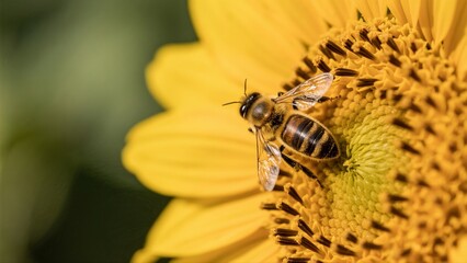 Macro photography of bees collecting nectar from golden sunflowers: A macro lens captures in high definition the vivid moment when a bee perches on a sunflower disk to gather nectar. The fine hairs on