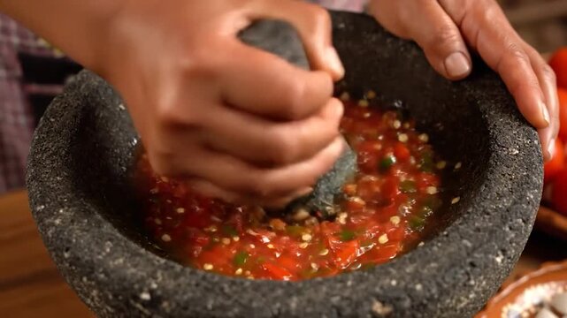 Traditional Mexican Salsa Preparation Using a Molcajete.