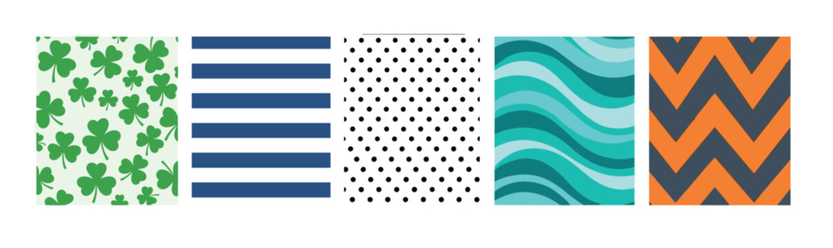 Collection of five colorful seamless patterns including a green shamrock print, classic blue stripes, black polka dots, abstract teal waves, and a bold orange chevron design