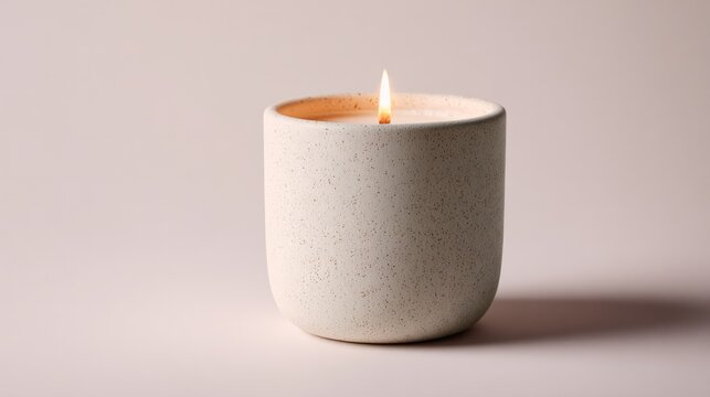 A white candle in a white ceramic container