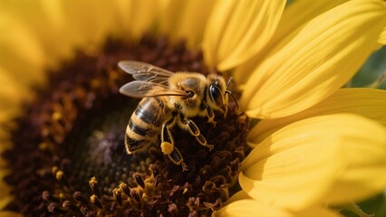 Macro photography of bees collecting nectar from golden sunflowers: A macro lens captures in high definition the vivid moment when a bee perches on a sunflower disk to gather nectar. The fine hairs on