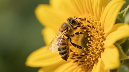 Macro photography of bees collecting nectar from golden sunflowers: A macro lens captures in high definition the vivid moment when a bee perches on a sunflower disk to gather nectar. The fine hairs on