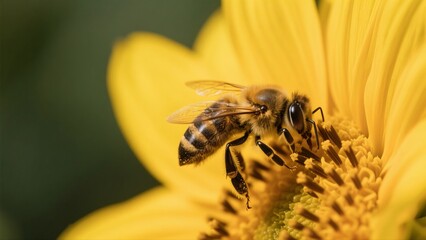 Macro photography of bees collecting nectar from golden sunflowers: A macro lens captures in high definition the vivid moment when a bee perches on a sunflower disk to gather nectar. The fine hairs on